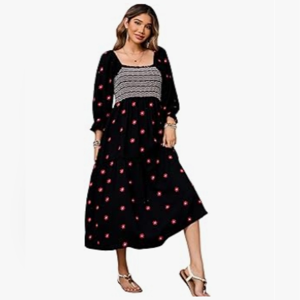 Renaissance Boho Black Smocked Ruffle Dress L Large - Picture 3 of 11